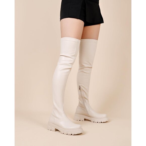 Women Beige Synthetic Comfortable Lug Sole Thigh High Over The Knee High Boot - Picture 7 of 8